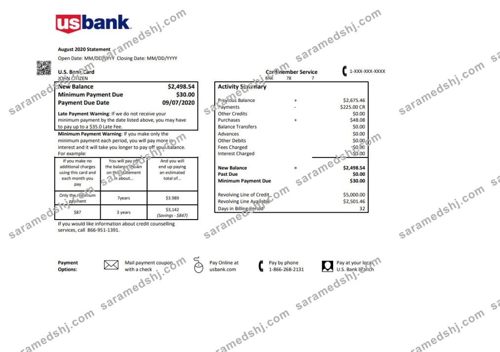 USA U.S. bank credit card statement template in .doc and .pdf format